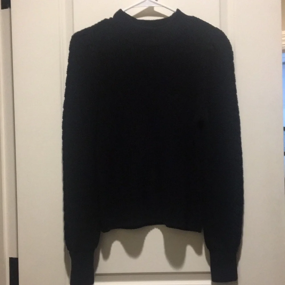 Aqua Pullover Knit Sweater high neck braid detail arms/pleat shoulders size M